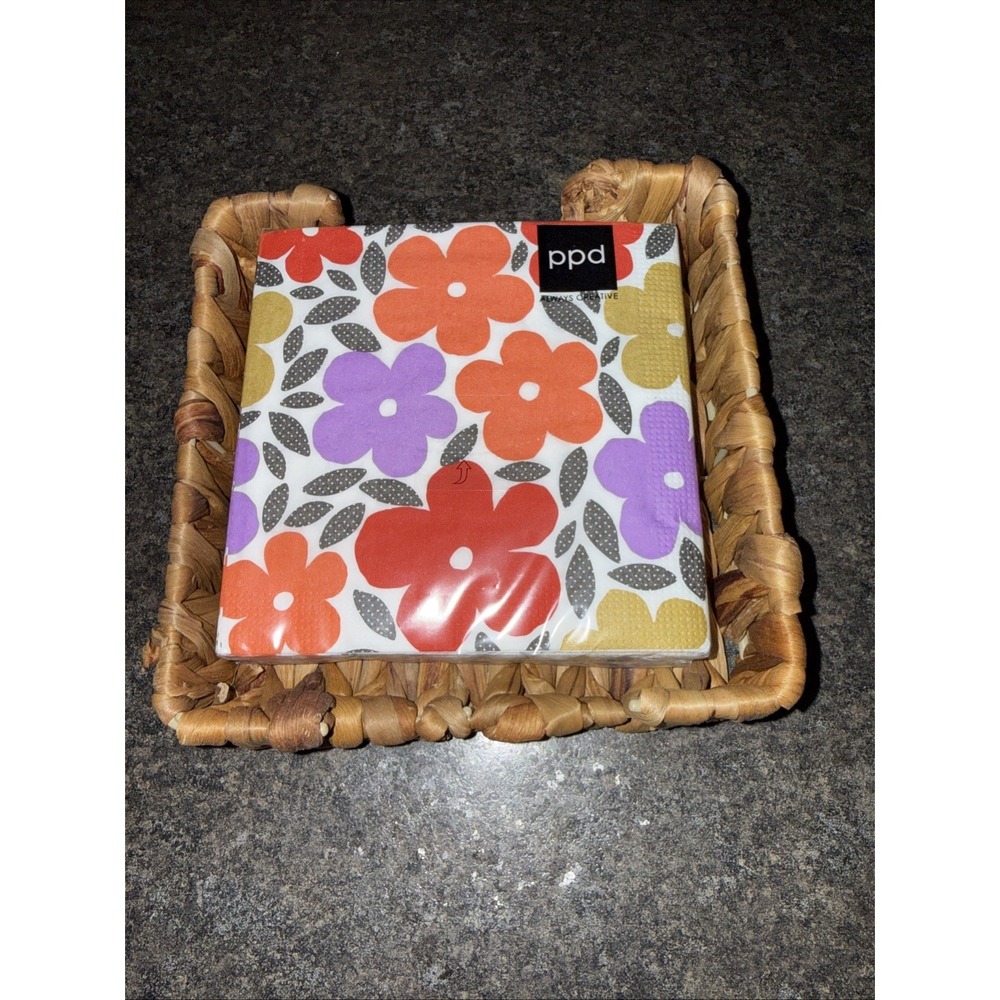 Square Cocktail Napkin Holder Seagrass & Paper Product Design Flower Napkins